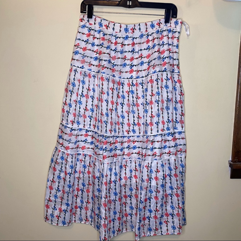 NWT FOXIEDOX White Floral Tier Midi Skirt Sz L